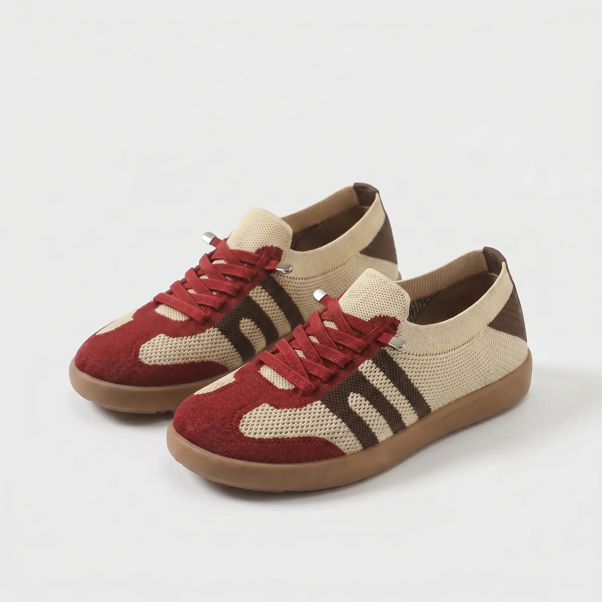 Scarpe comfort ortopediche beige e bordeaux, lacci rossi, suola marrone