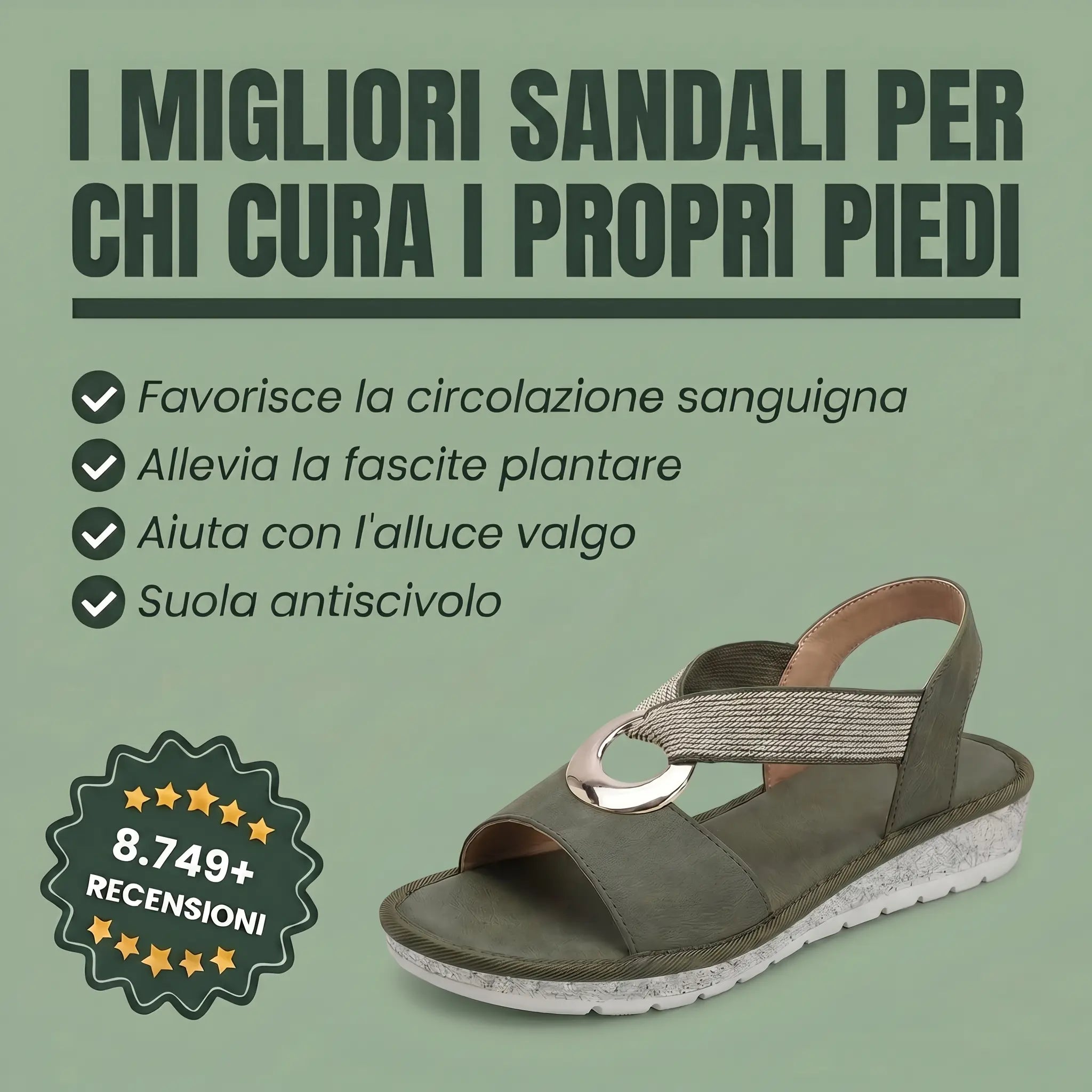 Sandali ortopedici comfort verde oliva con cinturino elasticizzato e fibbia metallica