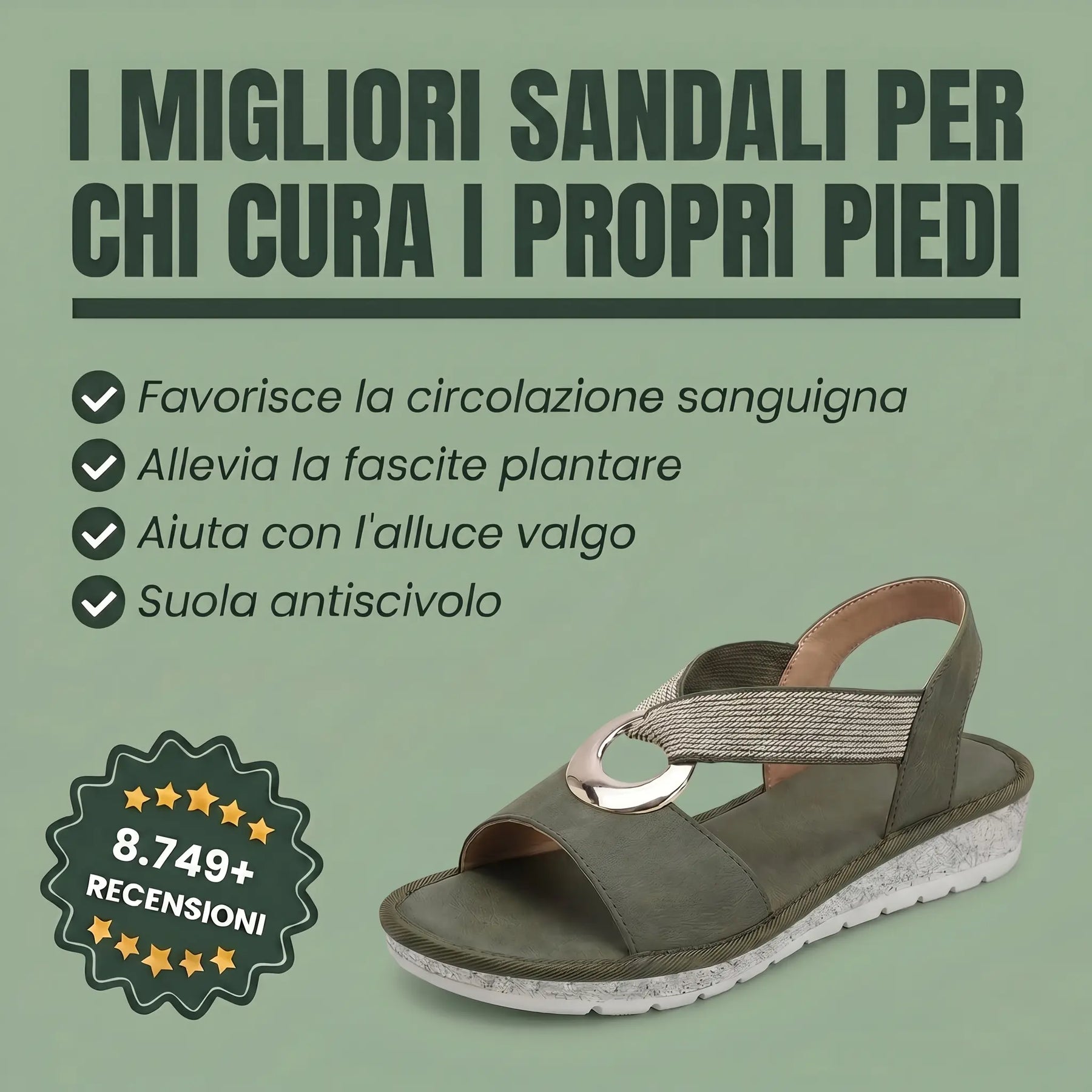 Sandali ortopedici verde oliva con due cinturini e suola spessa antiscivolo