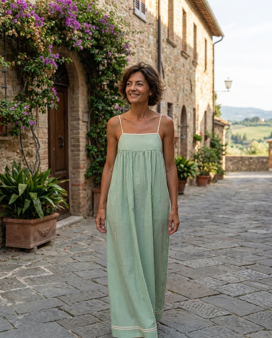 Abito lungo verde menta a righe sottili, spalline sottili e balza elastica in vita.