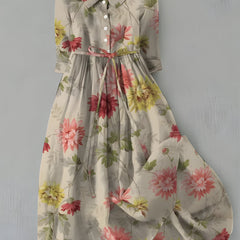 Celeste™ floral dress with multicolor flower print, button front, belt waist, 3/4 sleeves
