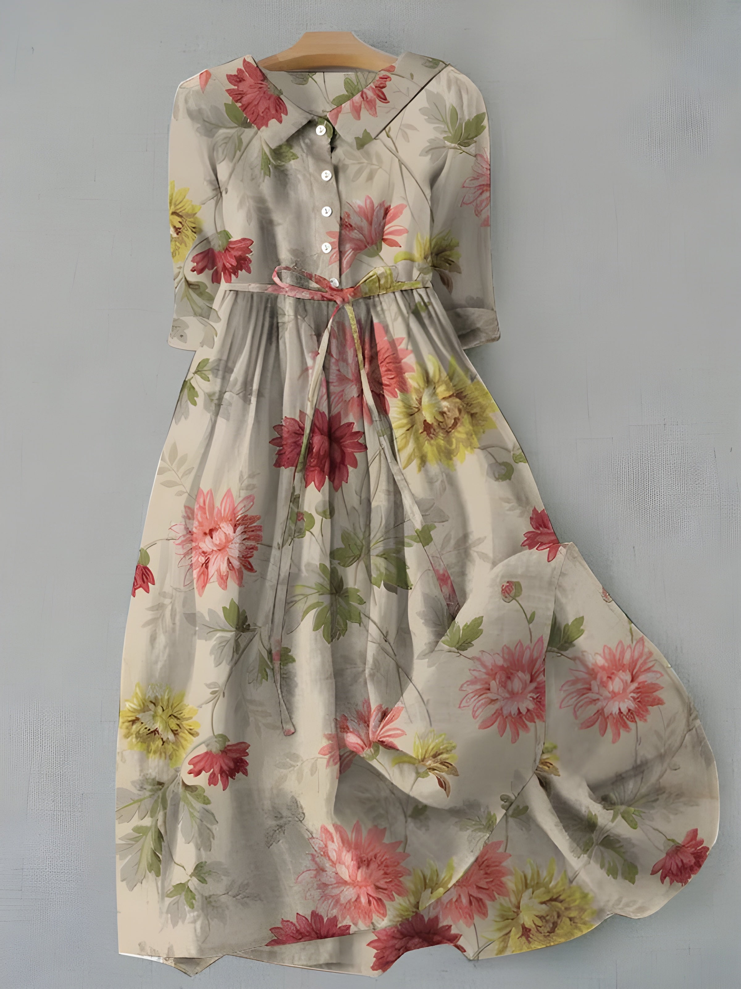Celeste™ floral dress with multicolor flower print, button front, belt waist, 3/4 sleeves