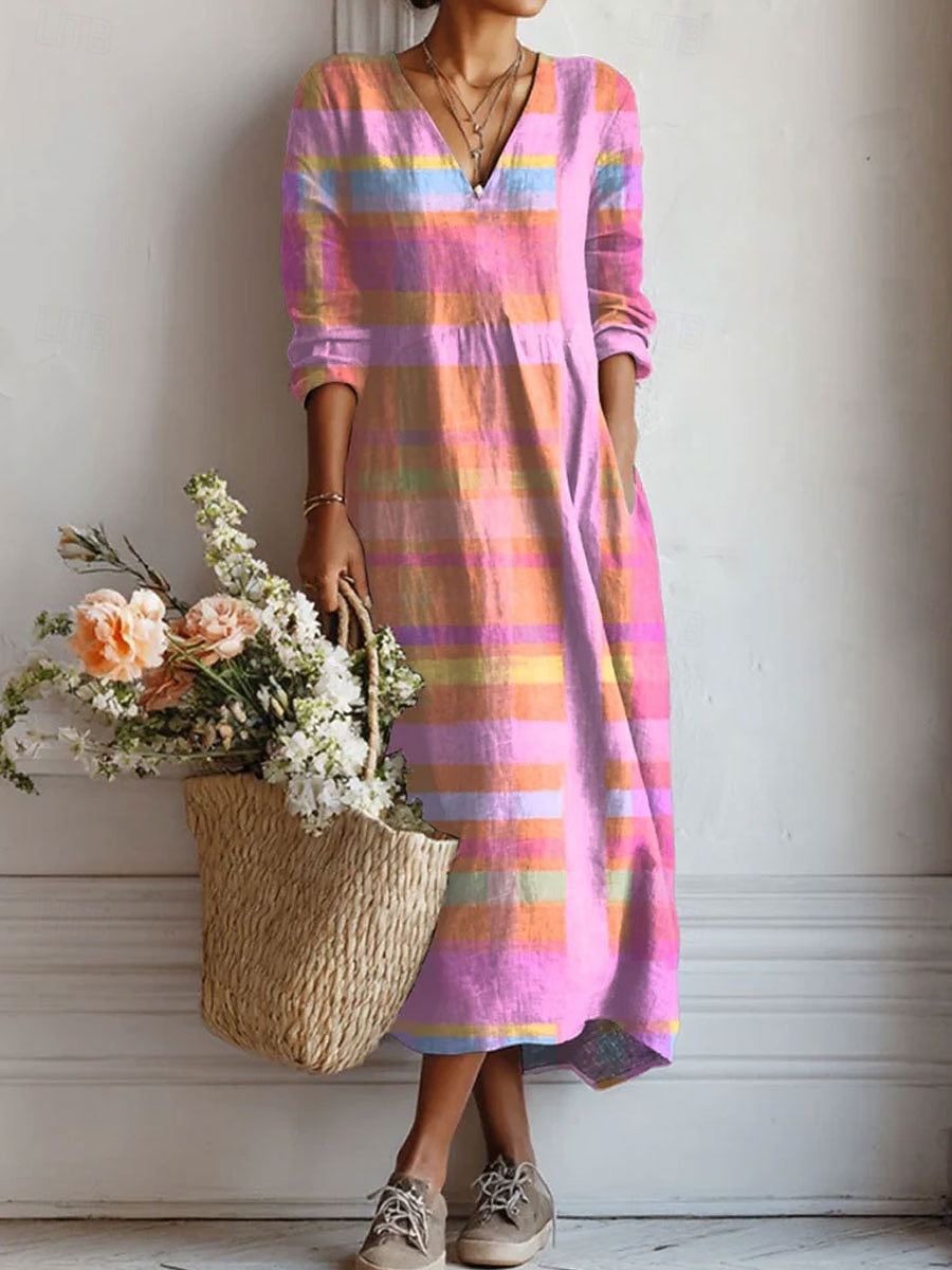 Abito da giorno multicolore a righe, maniche lunghe, scollo a V