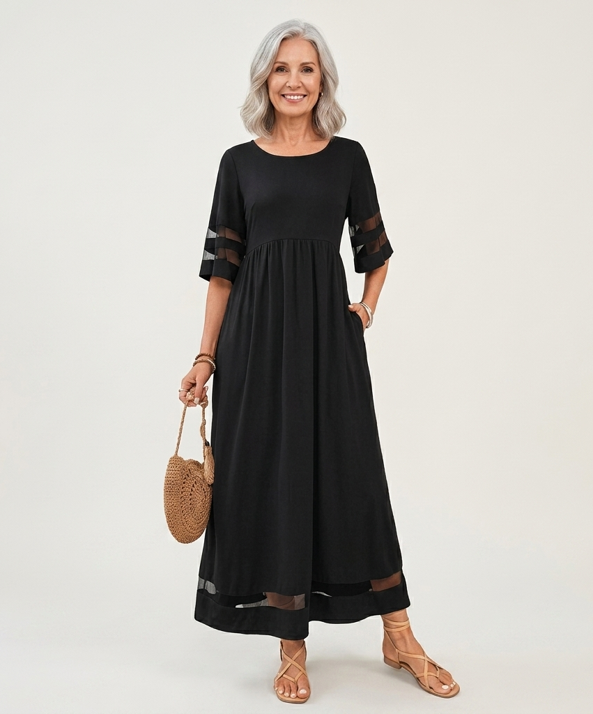 Black midi dress with gathered waist, sheer stripe sleeves, and sheer hem panel