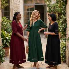 Green midi dress with gathered waist, sheer stripe sleeves, and sheer hem panel
