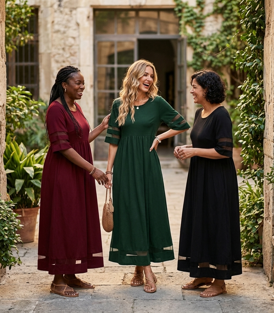 Green midi dress with gathered waist, sheer stripe sleeves, and sheer hem panel