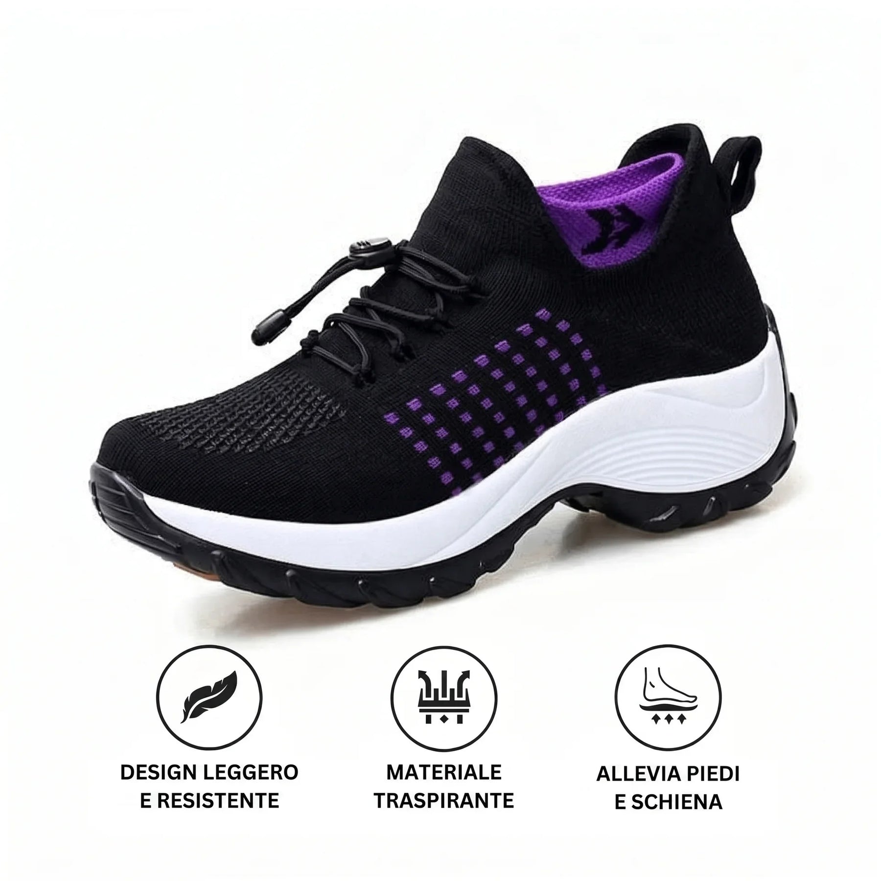 Scarpa comfort ortopedica nera con calzino a rete viola e suola bianca curvata.