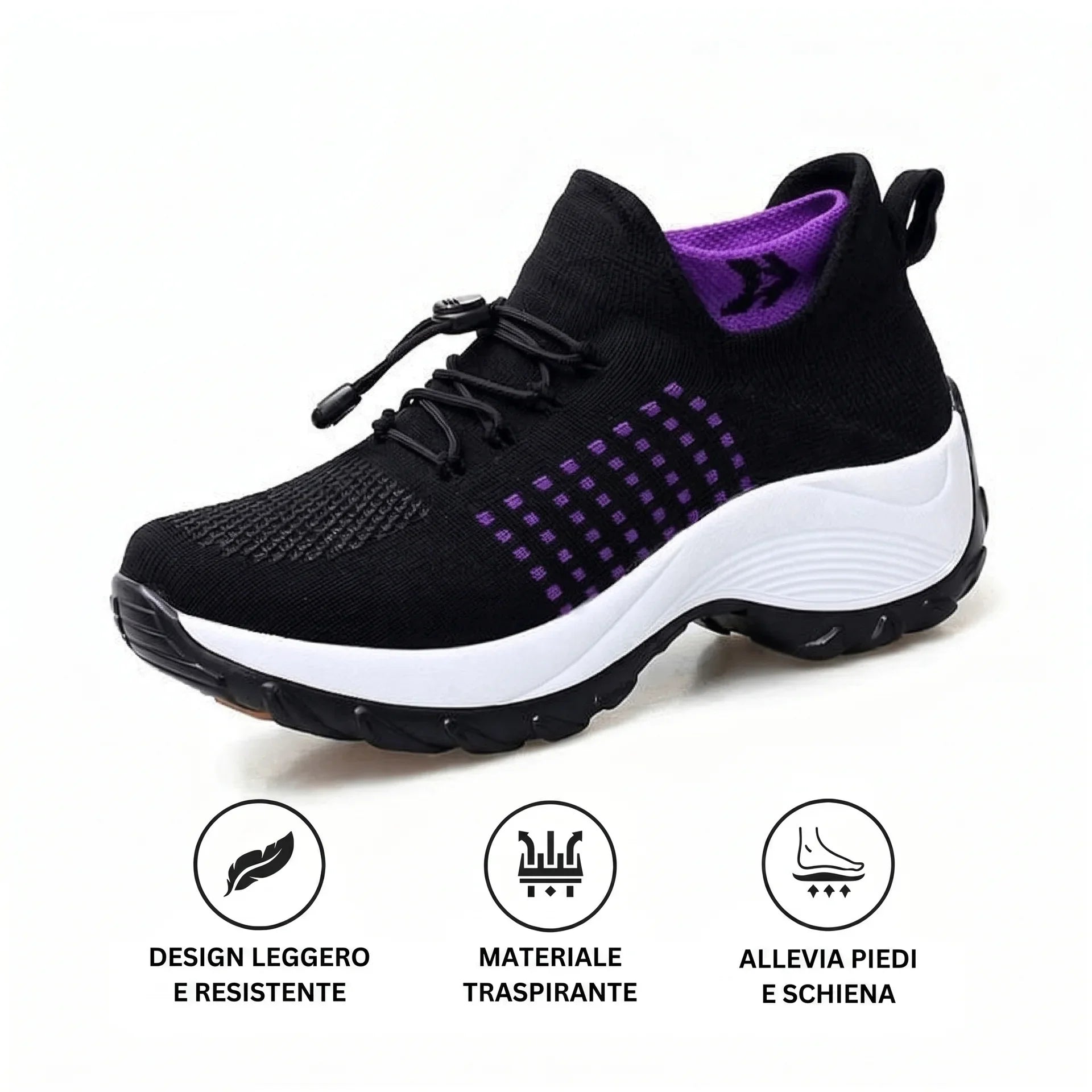 Scarpa comfort ortopedica nera con calzino a rete viola e suola bianca curvata.