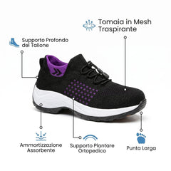 Scarpa comfort ortopedica nera con inserti a griglia viola e suola bianca.