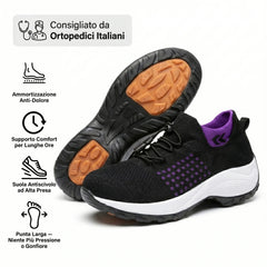 Scarpa comfort ortopedica nera con dettagli viola e suola bianca con battistrada.