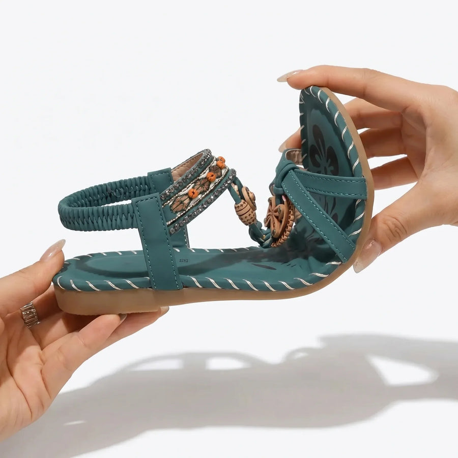 Sandali ortopedici comodi verde scuro con fascia elastica e dettagli decorativi