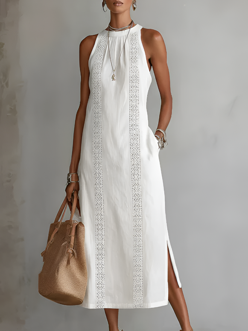 Relaxed embroidered midi dress in white with mandarin collar and sleeveless cut