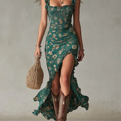Green boho floral ruched maxi dress with ruffle straps and side slit