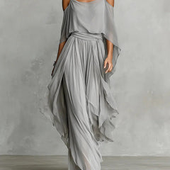 Gray spaghetti-strap fluid top and lightweight gathered pants set with draped sleeves
