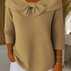 Khaki sweater with round neckline bow and three-quarter sleeves