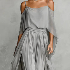 Gray spaghetti-strap fluid top and tiered gathered pants set, flowing draped overlay