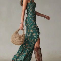Green boho floral ruched maxi dress with side slit, ruffle straps, sleeveless