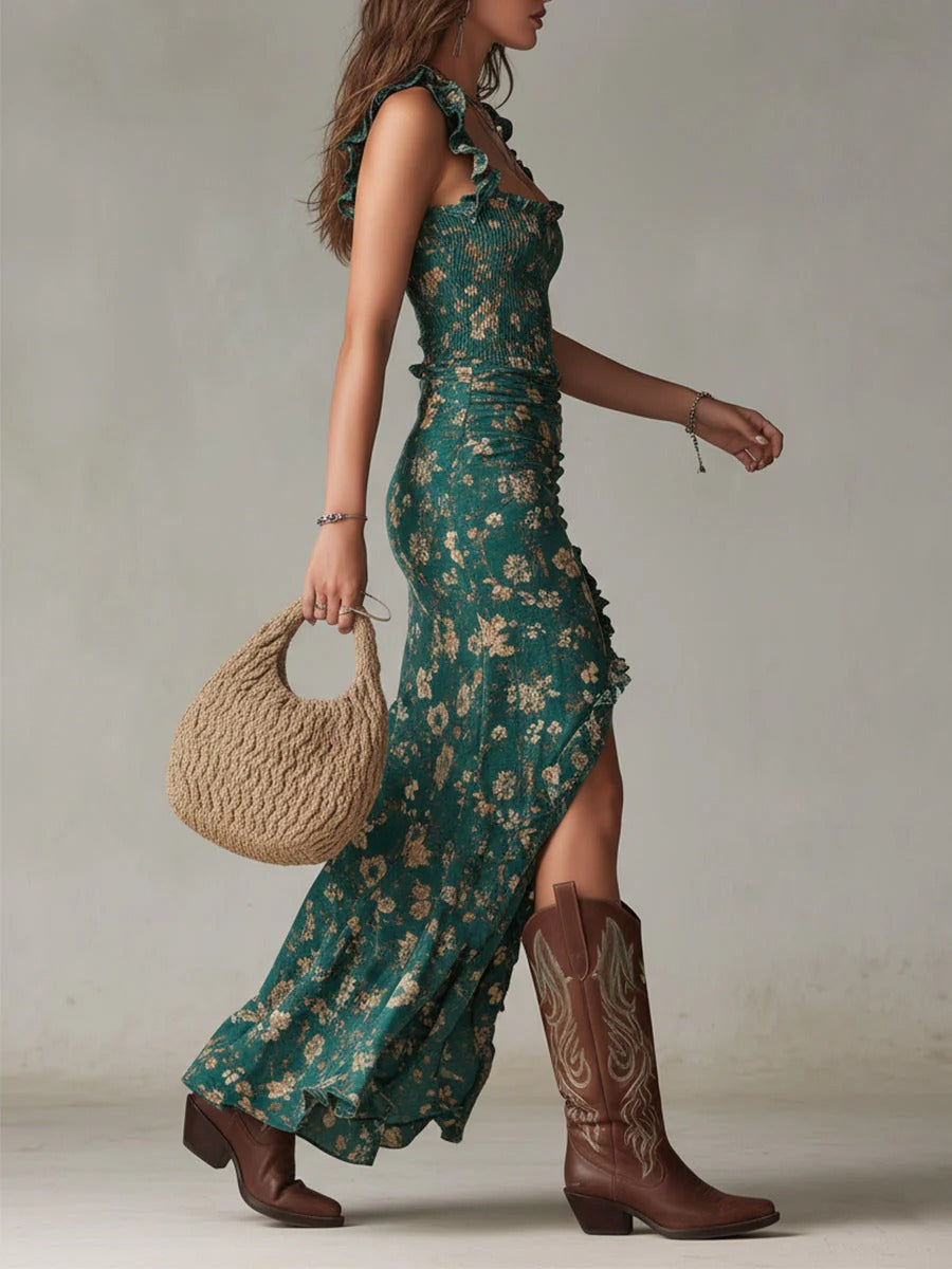 Green boho floral ruched maxi dress with side slit, ruffle straps, sleeveless