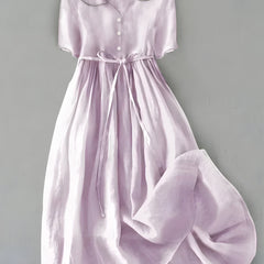 Light purple classic dress with short puff sleeves, Peter Pan collar, tied waist