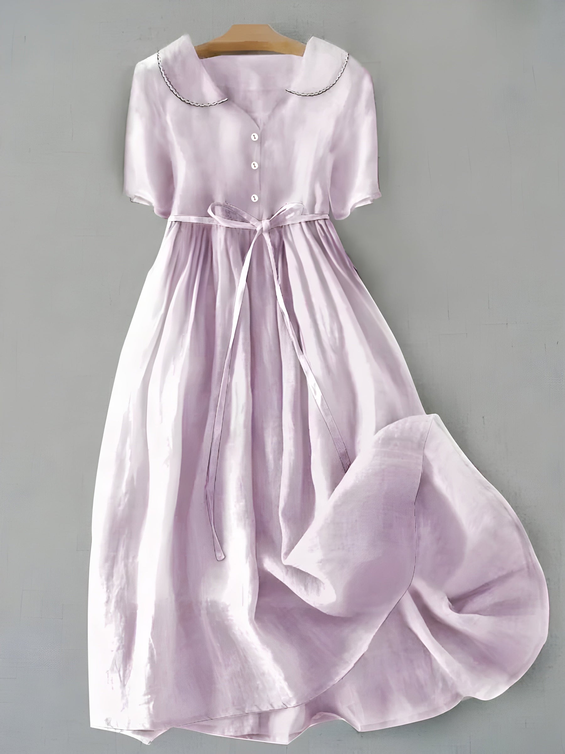 Light purple classic dress with short puff sleeves, Peter Pan collar, tied waist