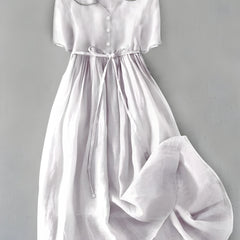 Light purple classic dress with button-front bodice, gathered skirt, drawstring waist tie
