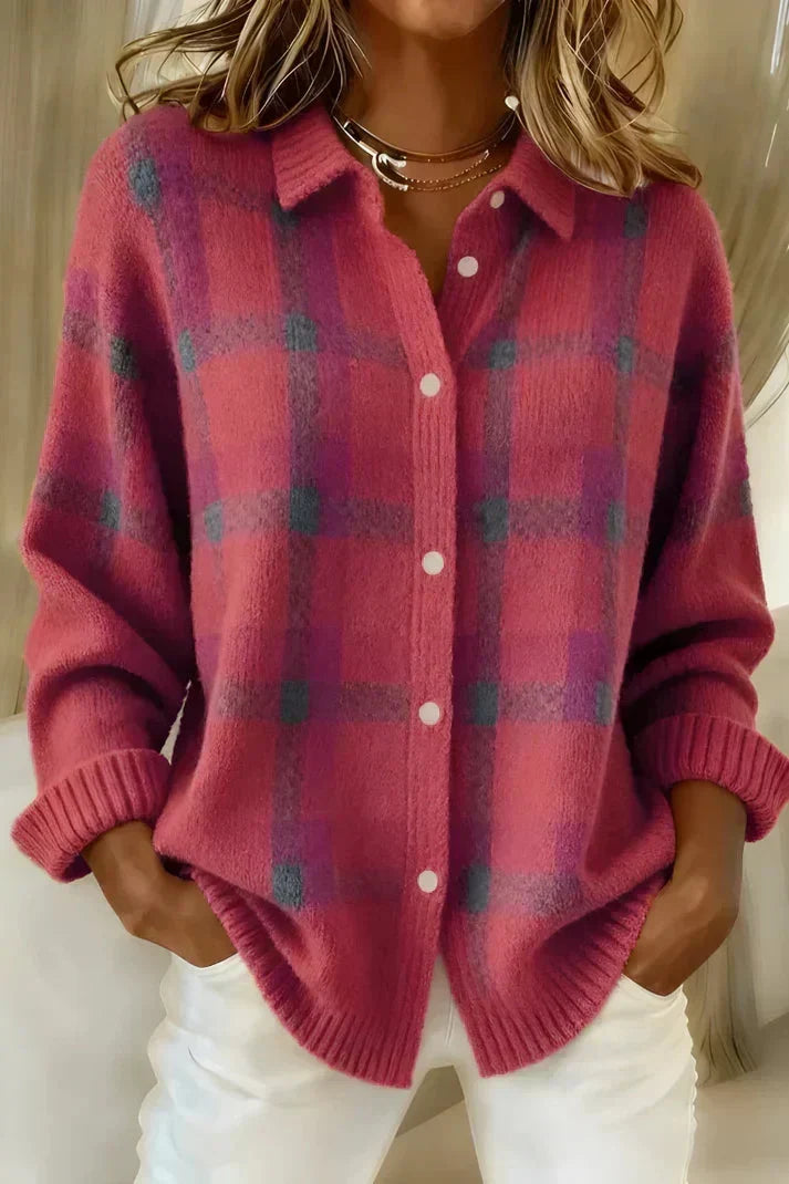 Haley - Cozy Plaid Knit Cardigan