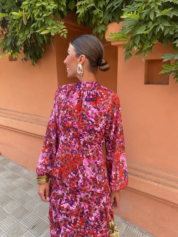 Floral midi dress with ruffled high neck and long sleeves, back view