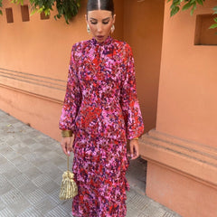 Isadora Pink floral midi dress with high neck, ruffled yoke, long sleeves