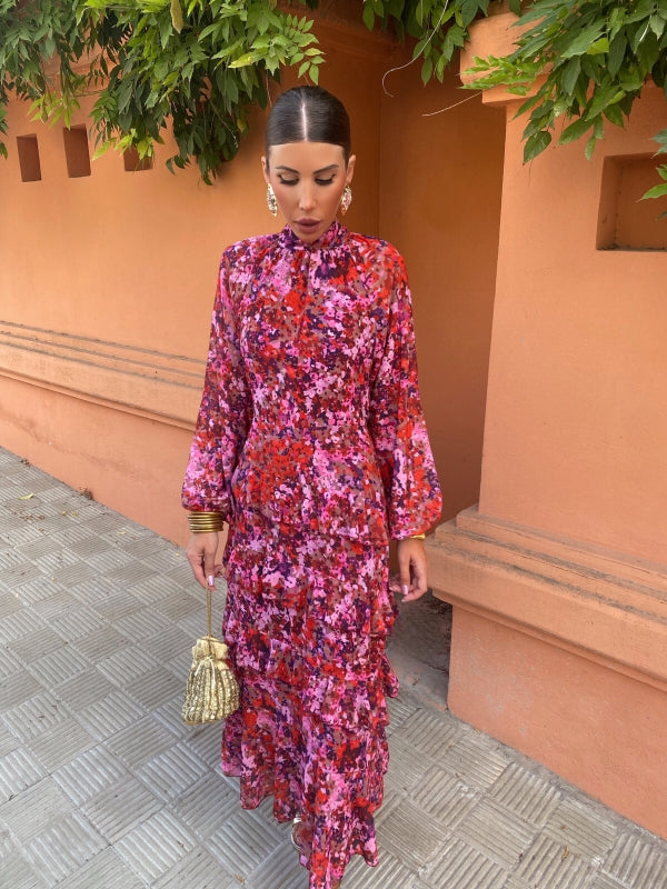 Isadora Pink floral midi dress with high neck, ruffled yoke, long sleeves