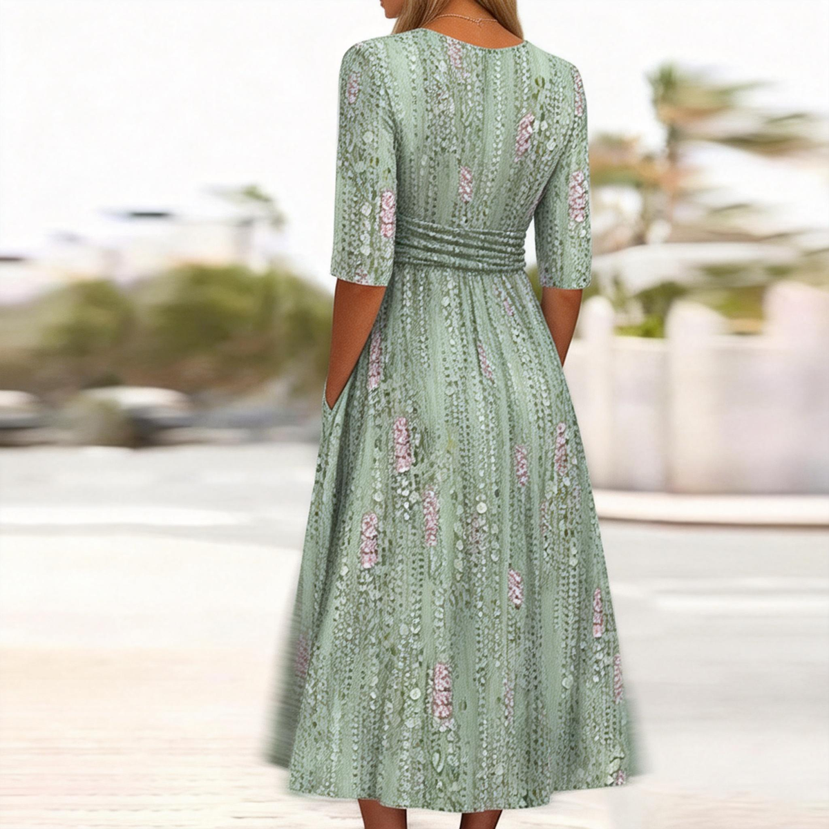 Vestito midi verde chiaro con scollo a V e cintura in vita, fantasia floreale rosa