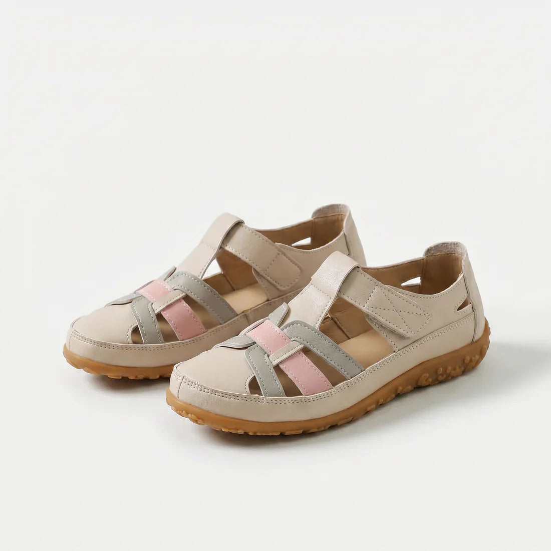 Sandali comfort beige e rosa con cinturini incrociati e suola in gomma marrone