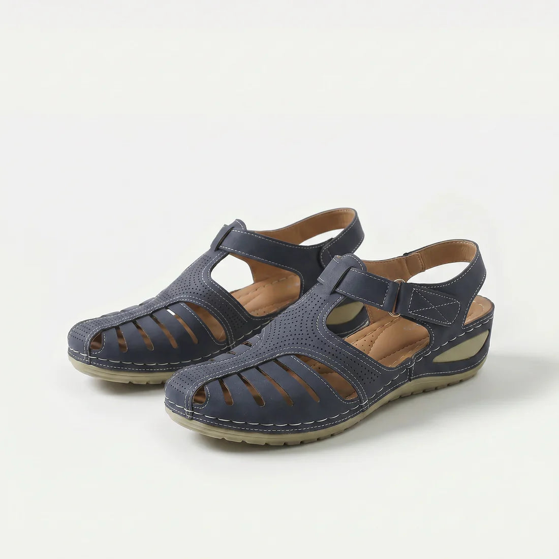 Sandali comfort con rialzo, blu scuro, cinturino regolabile e tomaia traforata