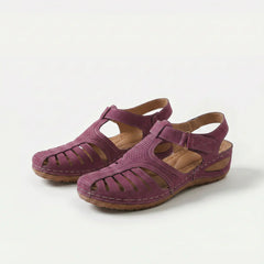 Sandali comfort con rialzo, lilla/viola, cinturino regolabile e tomaia traforata