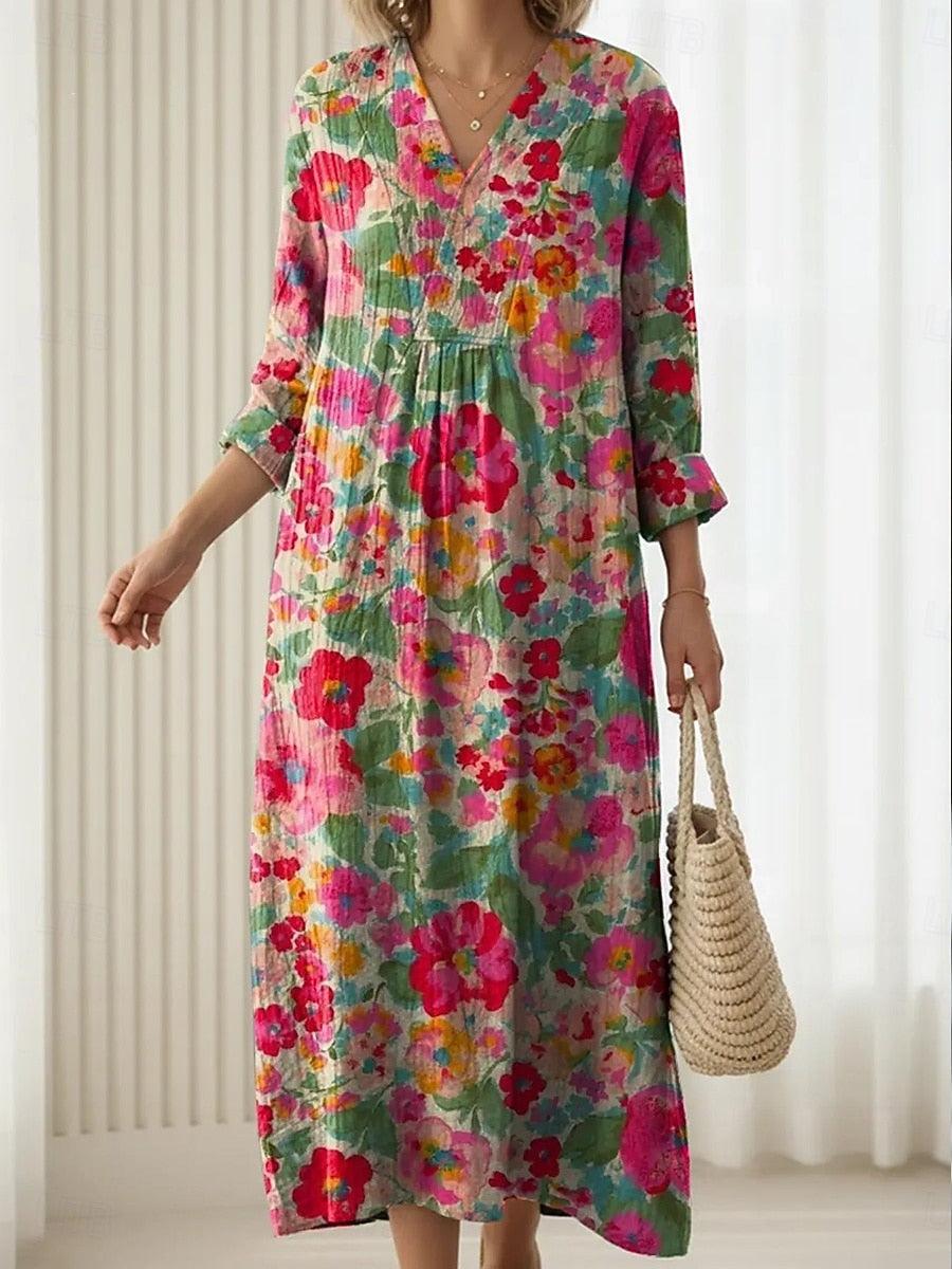 Abito midi da donna multicolore con stampa floreale e maniche a tre quarti