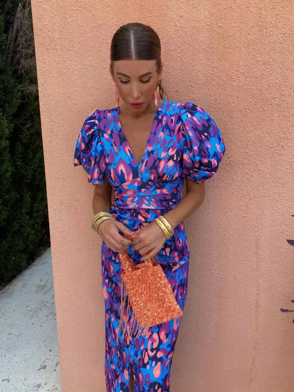 Blue/pink animal-print puff-sleeve V-neck midi dress, tied waist, sequin mini bag