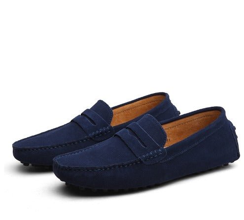 Mocassini scamosciati blu navy con fibbia a nastro e cuciture sul bordo