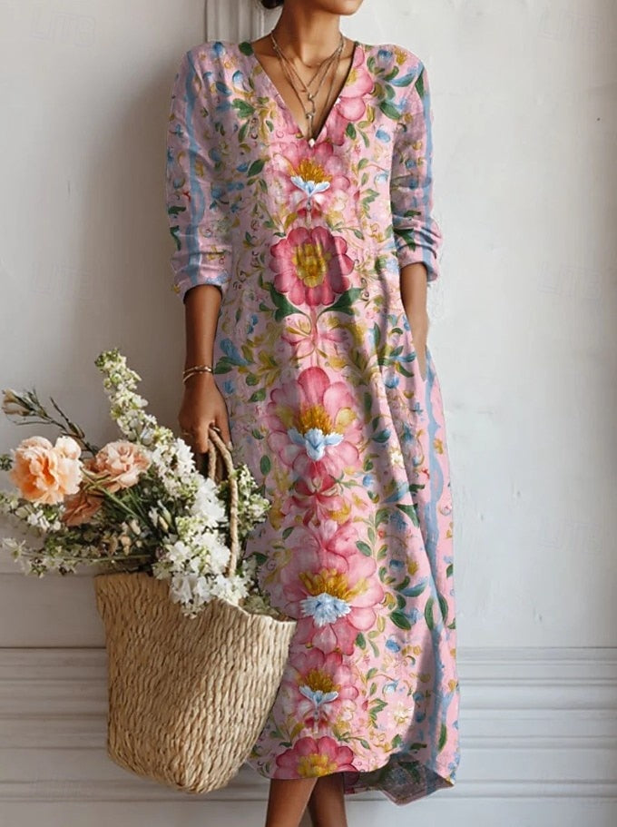 Abito da giorno midi in cotone multicolore a fiori, scollo a V, maniche 3/4