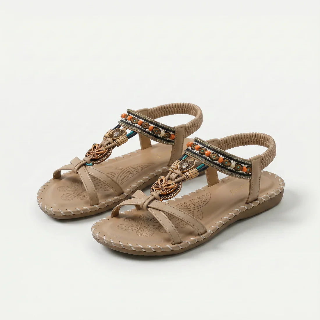 Sandali ortopedici beige con cinturini decorati multicolor e suola brunita