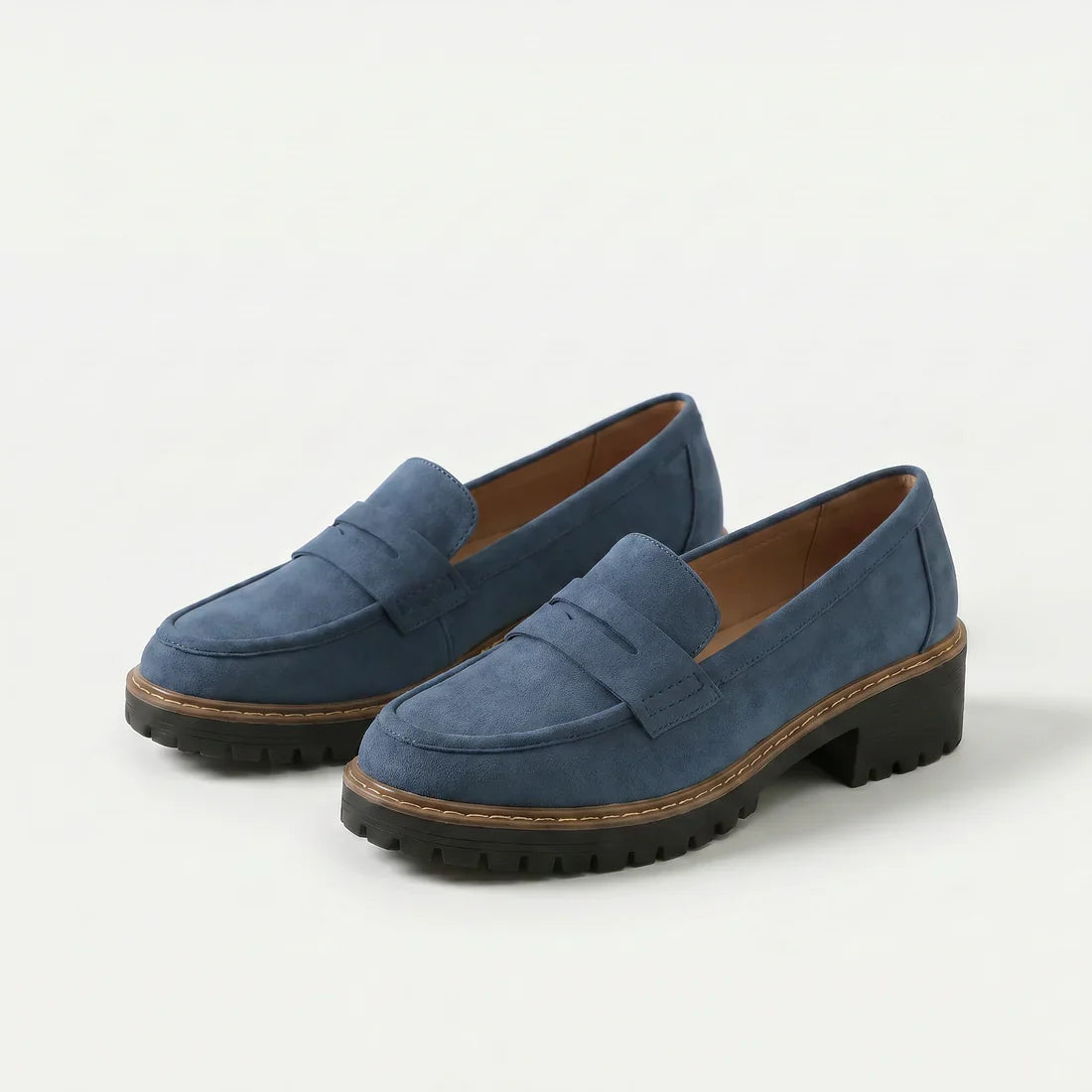 Mocassino comodo ergonomico scamosciato blu, suola in gomma con profilo