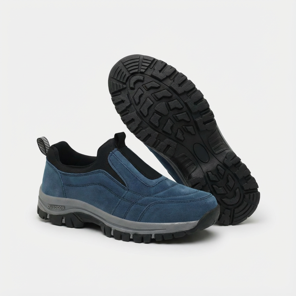 Scarpe comfort ortopediche blu e nere: vista laterale e suola scanalata