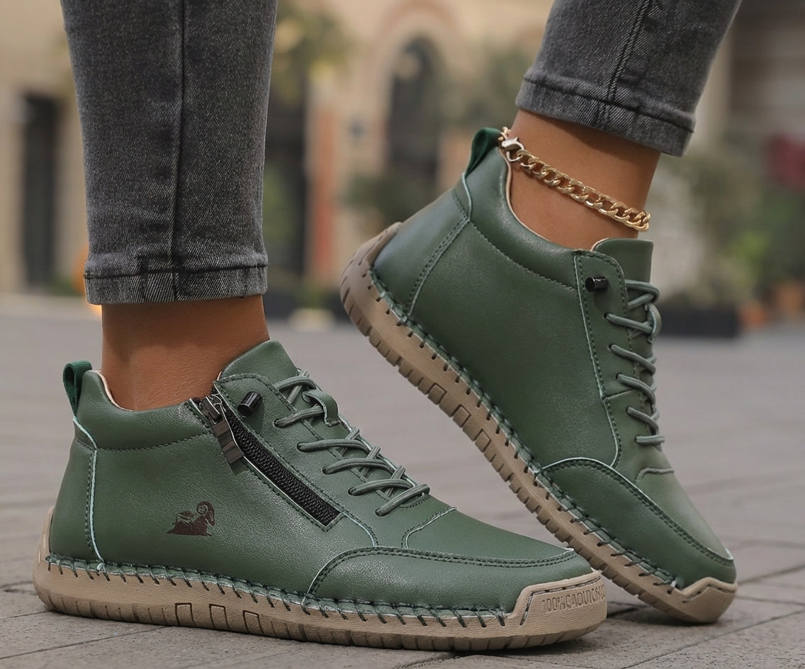 Scarpe ortopediche comode verde con lacci e cerniera laterale, suola in corda