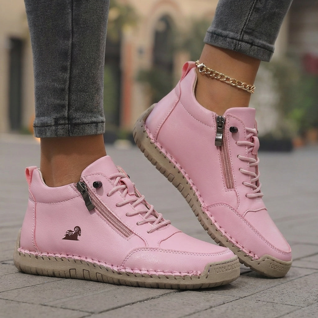 Scarpe ortopediche comode rosa con cerniera e lacci, suola ammortizzata