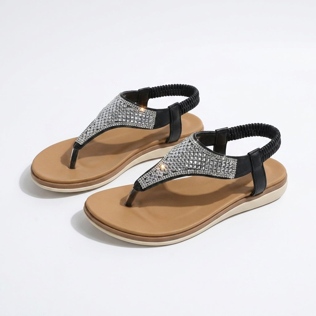 Sandali estivi neri con cinturino elasticizzato e strass, suola marrone