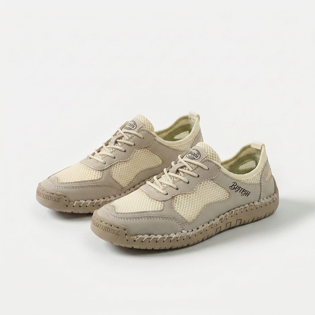 Scarpe da ginnastica estive traspiranti leggere beige con lacci e suola in gomma