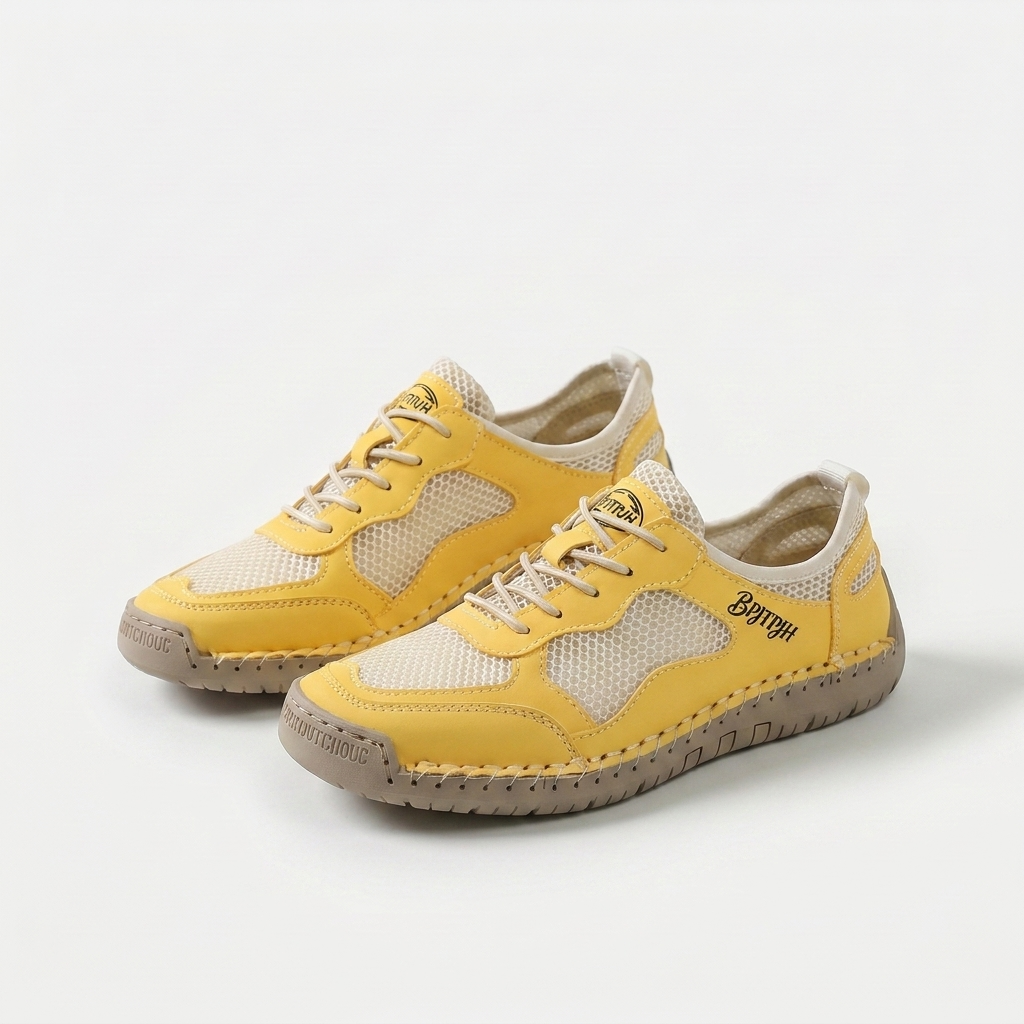 Scarpe da ginnastica estive traspiranti leggere giallo ocra con lacci e suola in gomma