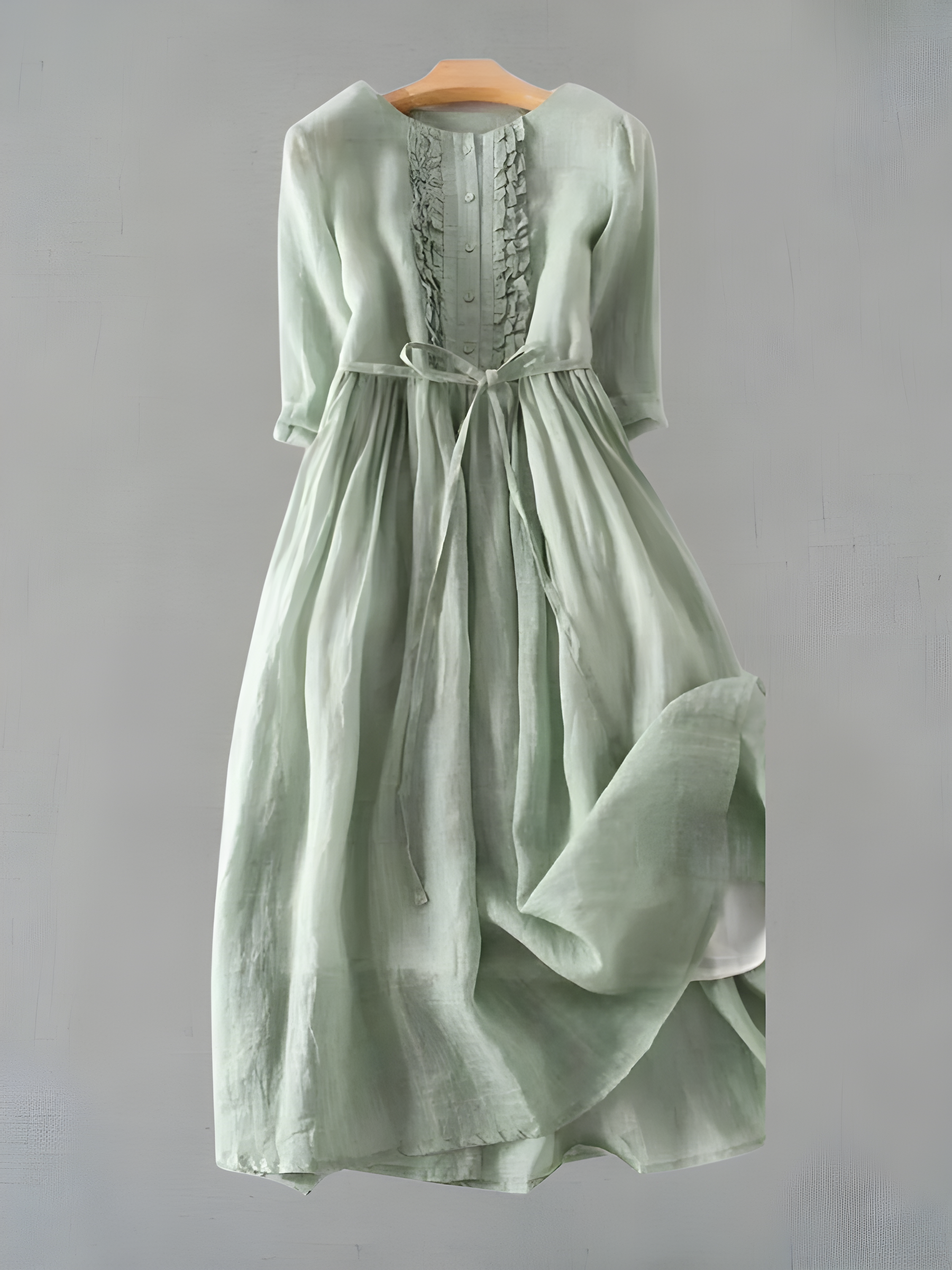 Amara vintage dress in sage green, gathered waist and midi length skirt with long sleeve