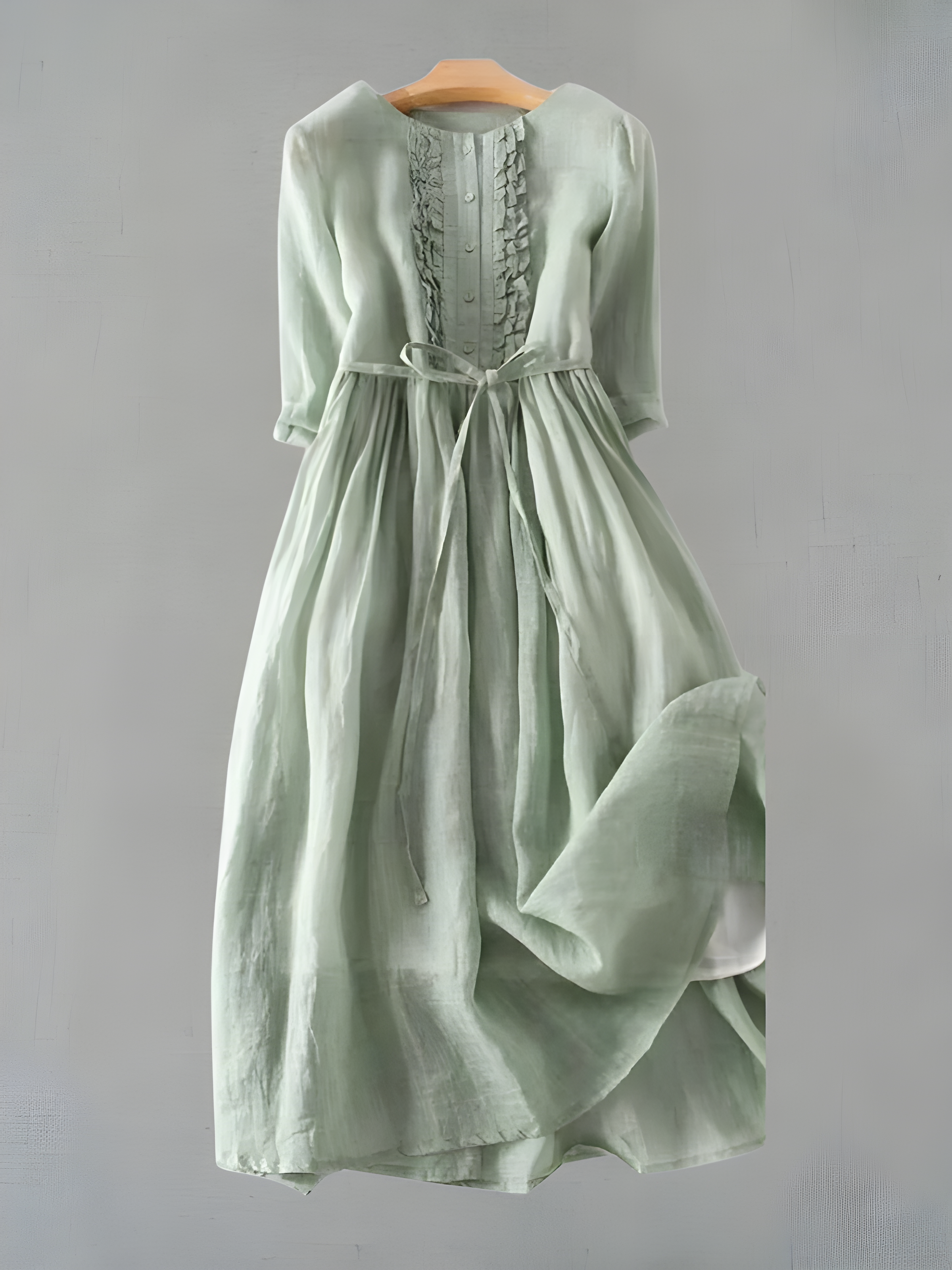 Amara vintage dress in sage green, gathered waist and midi length skirt with long sleeve