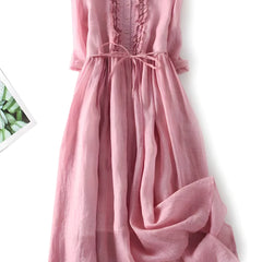 Amara vintage dress in blush pink, lace-up bodice detail and midi skirt with short sleeves