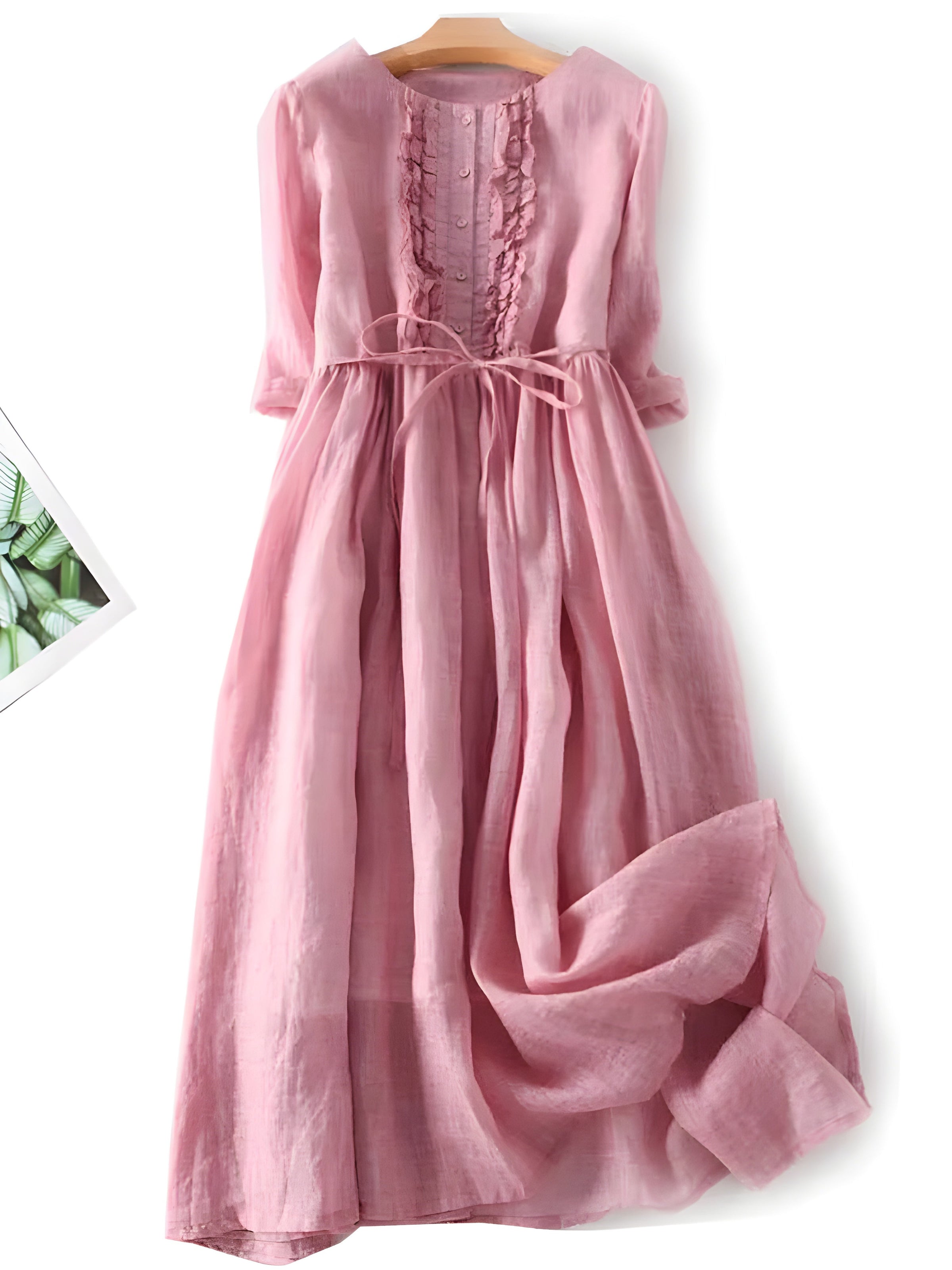 Amara vintage dress in blush pink, lace-up bodice detail and midi skirt with short sleeves