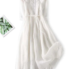 Amara vintage dress in white, embroidered neckline and gathered waist with midi skirt
